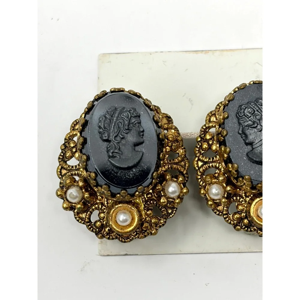Vintage West Germany Black Glass Cameo Faux Pearl Gold Tone Clip On Earrings